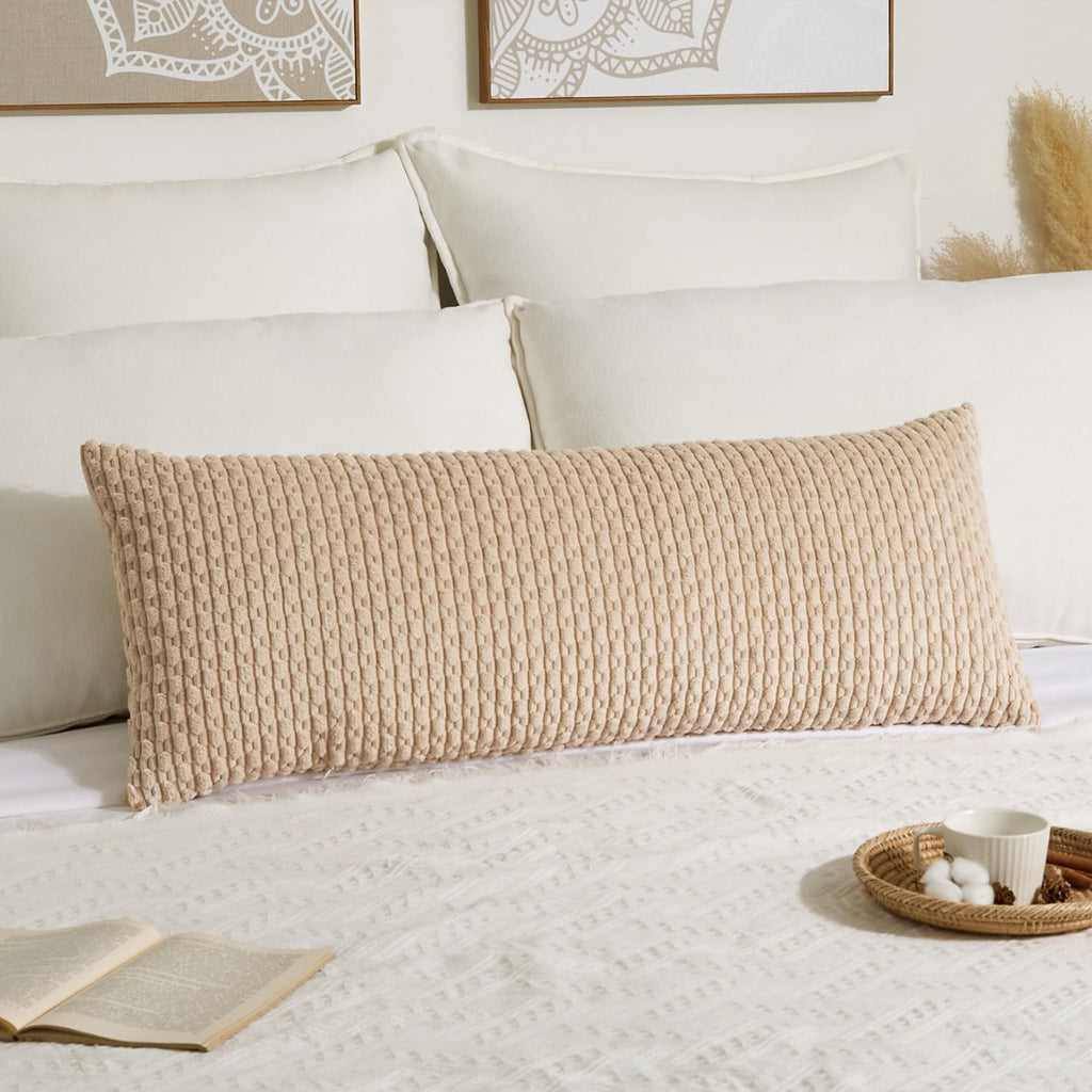 Kevin Textile 14x36 Inch Long Lumbar 1 Pack Boho Decorative Throw Pillow Cover Soft Striped Corduroy Rectangle Cushion Case Farmhouse Solid Color Accent for Living Room Couch Sofa Bed, Beige