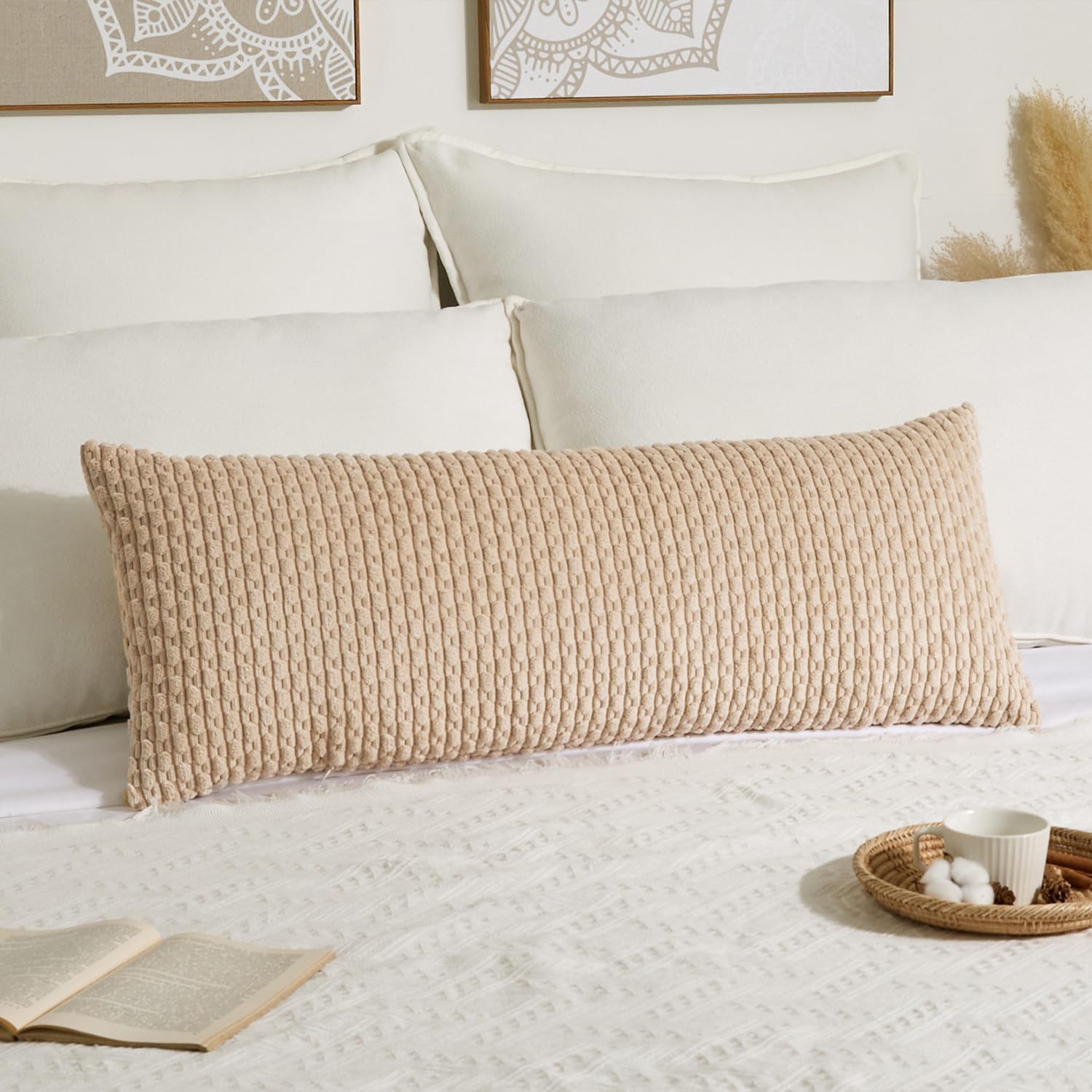 Kevin Textile 14x36 Inch Long Lumbar 1 Pack Boho Decorative Throw Pillow Cover Soft Striped Corduroy Rectangle Cushion Case Farmhouse Solid Color Accent for Living Room Couch Sofa Bed, Beige