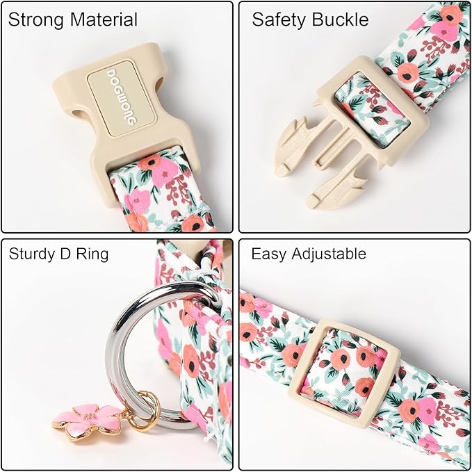 DOGWONG Flower Cotton Dog Collar, Spring Summer Cute Pink Dog Collar Durable Soft Fabric Pet Dog Collars Female Girl Necklace for Small Medium Large Dogs