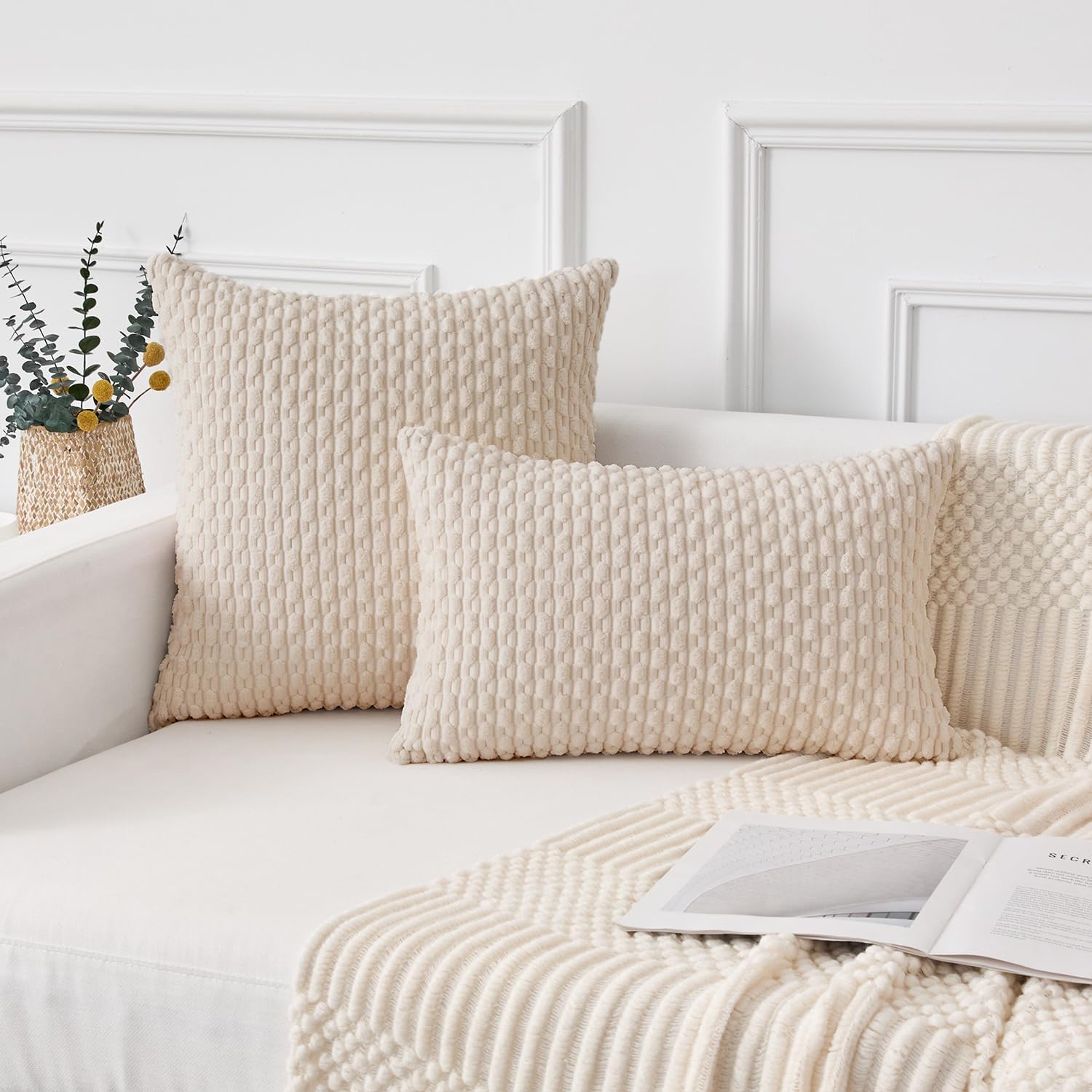 Kevin Textile 12x24 Inch Pillow Cover 1 Pack Boho Decorative Soft Striped Corduroy Lumbar Farmhouse Solid Color Accent Rectangle Cushion Case for Living Room Couch Sofa Bed, Cream White