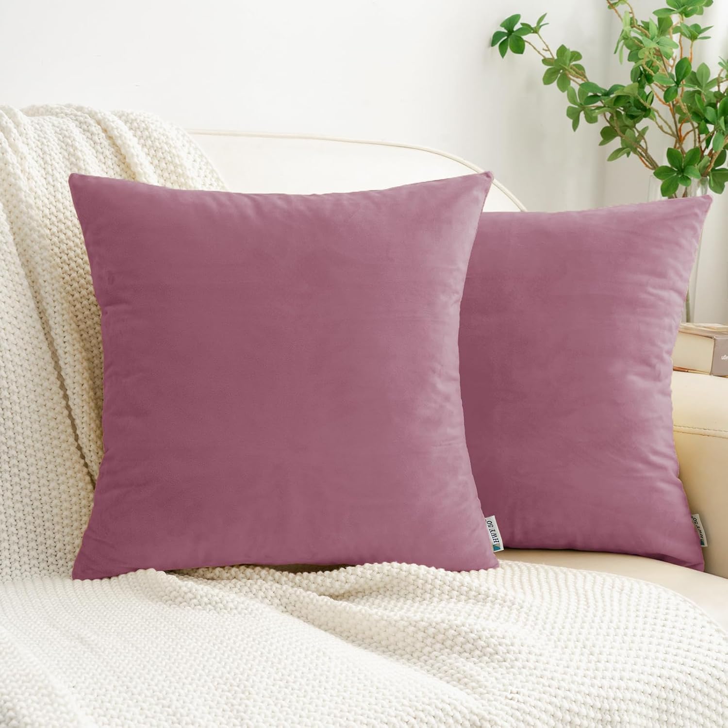 HWY 50 Purple Pink Velvet Throw Pillow Covers 18x18 Inch, Pack of 2 Soft Cozy Solid Decorative Luxury Cushion Cases for Couch Sofa Bed Living Room Bedroom