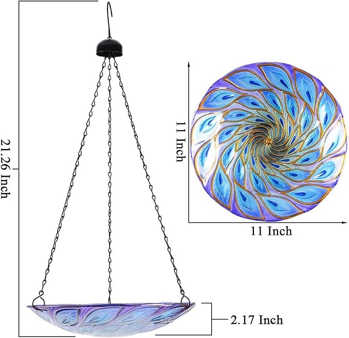 VCUTEKA Hanging Bird Baths Outdoor Glass Peacock Birdbath Birdfeeder for Garden Yard Decoration