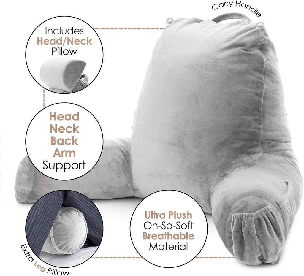 Nestl Reading Pillow with Shredded Memory Foam Includes 2 Neck and Lumber Support Pillows, Designed for Sitting Up in Bed and Couch, Back and Arms Adjustable Support for Adult & Teens, Light Grey