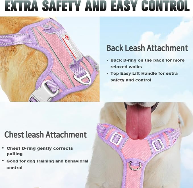 BARKBAY No Pull Dog Harness Large Reflective Dog Harness with Front Clip and Easy Control Handle for Walking Training Running with ID tag Pocket(Baby Pink & Violet Purple,L)