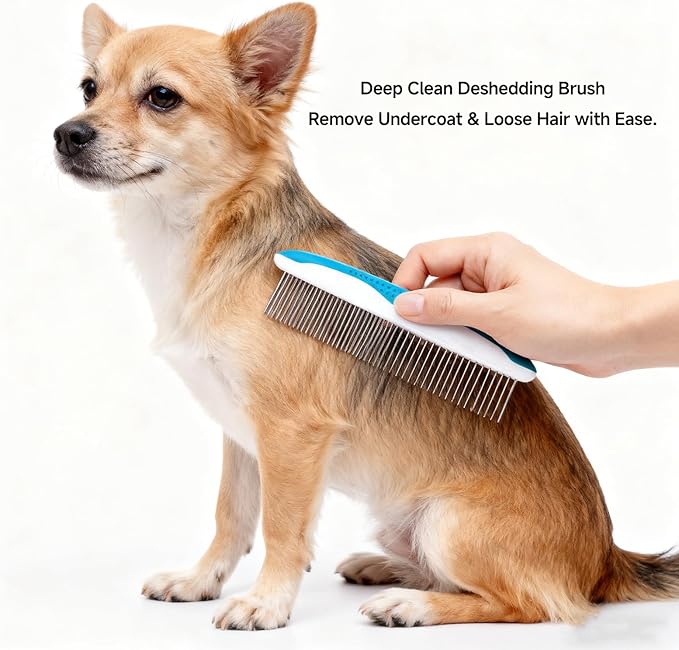 4-in-1 Pet Grooming Kit - Deshedding Rake, Fine Tooth Comb, Grooming Gloves & Massage Brush for Dogs & Cats - Remove Loose Hair, Reduce Shedding, Detangle Mats (Grooming Rake Set)