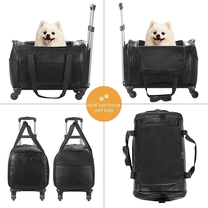 Airline Approved Pet Carrier with Wheels, Rolling Soft Sided Dog Cat Travel Bag, Premium Fashion Leather Small Pet Carrier Purse for Puppies and Cats Black