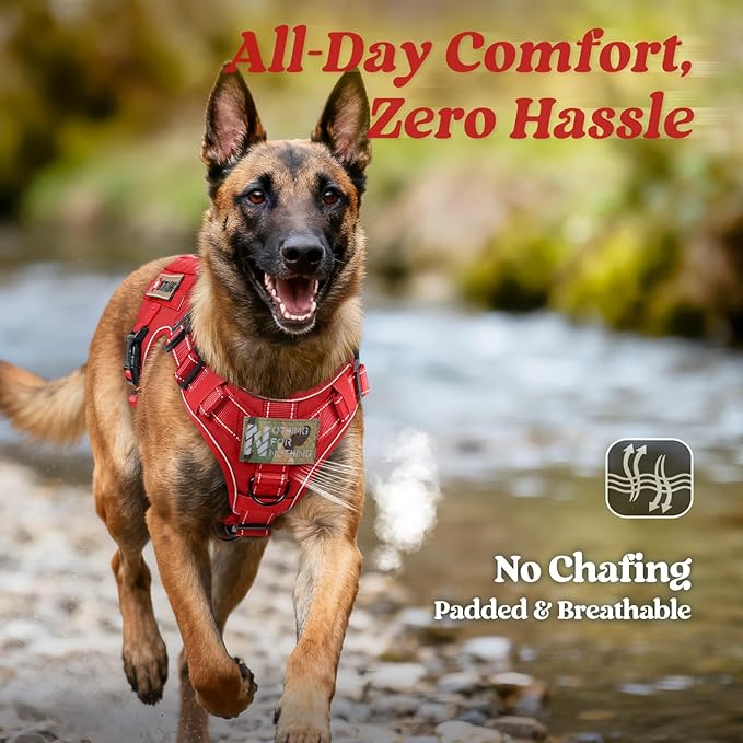 rabbitgoo Tactical Dog Harness for Large Dogs, No Pull Upgraded Reflective Heavy Duty Molle Vest with Handle, Adjustable Military Service Dog Vest for Walking Hiking Training, Red, L