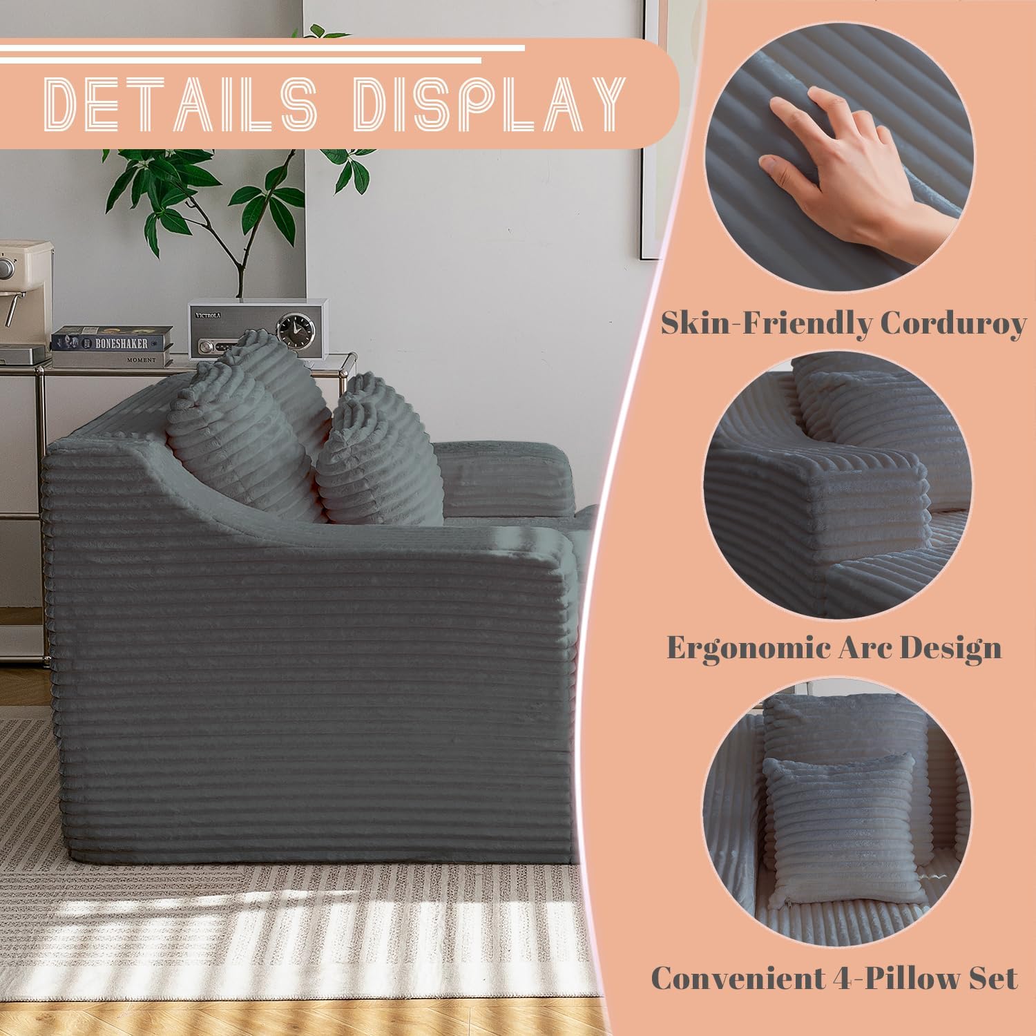 55 Inch Chaise Lounge Indoor - Oversized Chaise Lounge with 4 Throw Pillows and Armrets, Upholstered Plush Sofa Bed, Corduroy Lazy Chair Bed, Sleeper Chair for Living Room or Bedroom, Gray