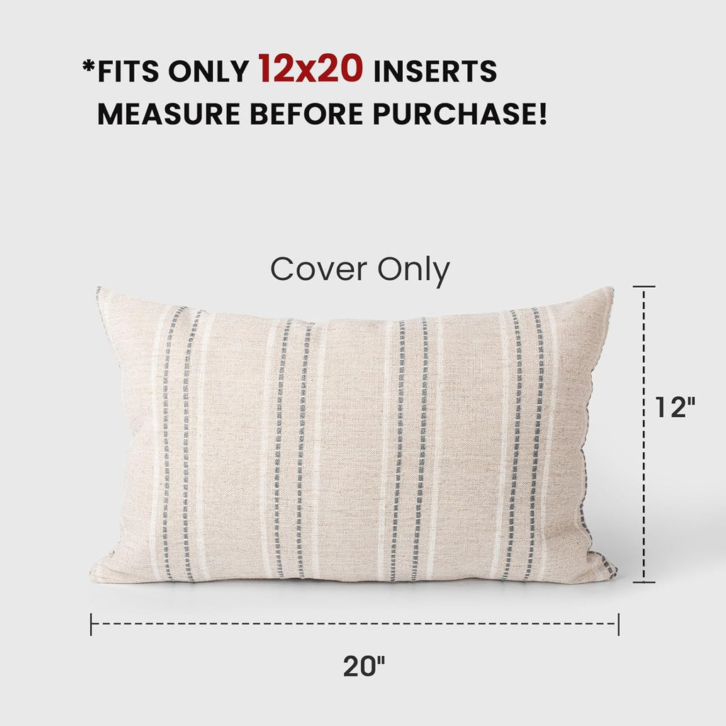 AELS 12x20 Decorative Farmhouse Linen Throw Pillow Covers, Boho Textured Pillow Case, Set of 2, Beige with White & Gray Stripes Cushion Cover for Sofa Couch Living Room (Cover ONLY)