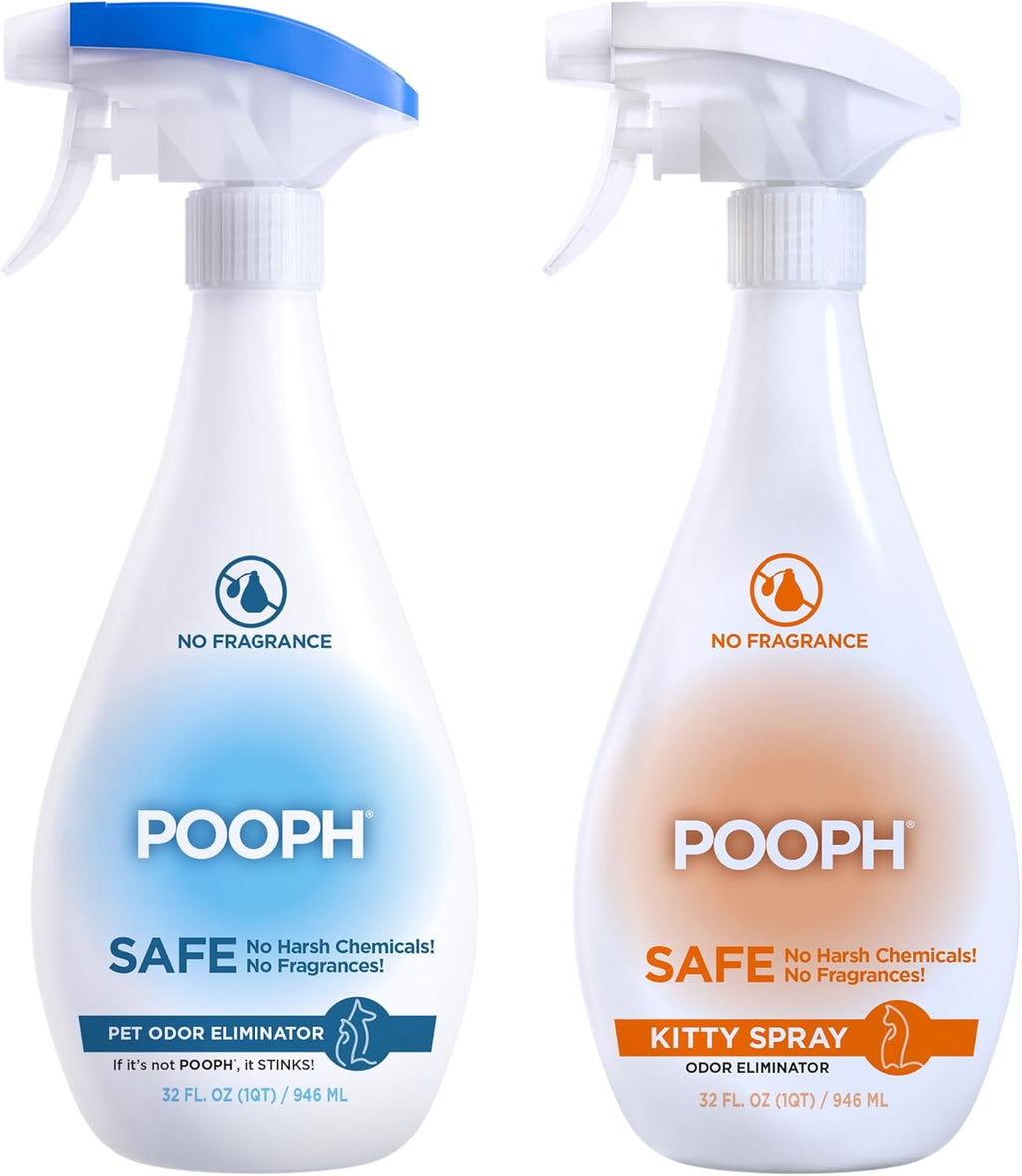 POOPH Pet Odor Eliminator and Litter Box Deodorizer - 2x32oz Bottles - Instant, Safe, Fragrance-Free, Clear, Non-Staining, Unscented