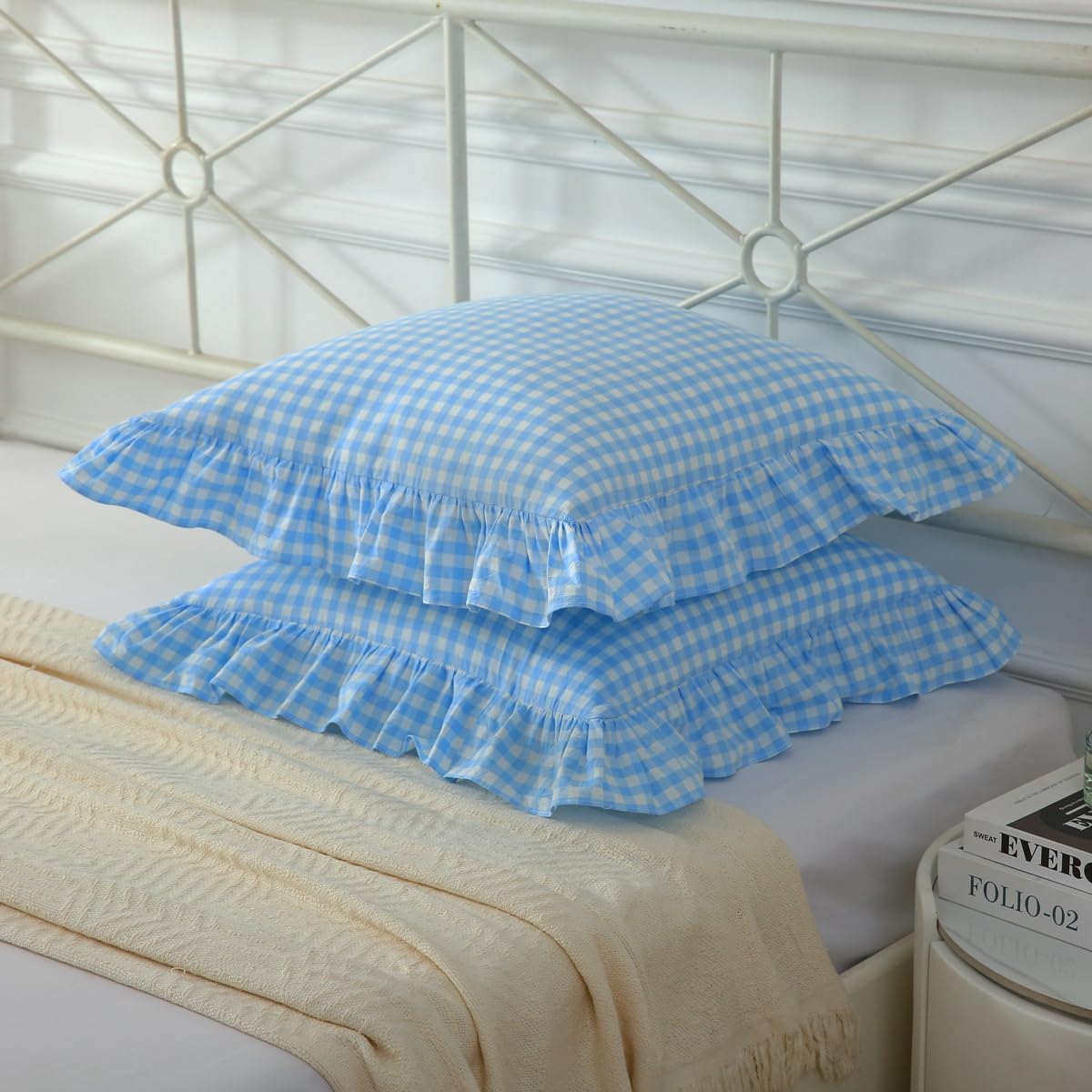 2 Pack Vintage Sky Blue Plaid Ruffle Throw Pillow Covers,Washed Cotton Checkered Gingham Pillow Covers 20"x20" for Sofa,Couch,Bed and Living Room