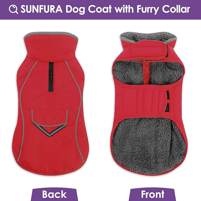 SUNFURA Large Dog Coat, Warm Dog Winter Coat Jacket with Thick Furry Collar, Adjustable Pet Fleece Jacket Turtleneck Snowsuit for Large Dogs for Chilly Day, Red XL