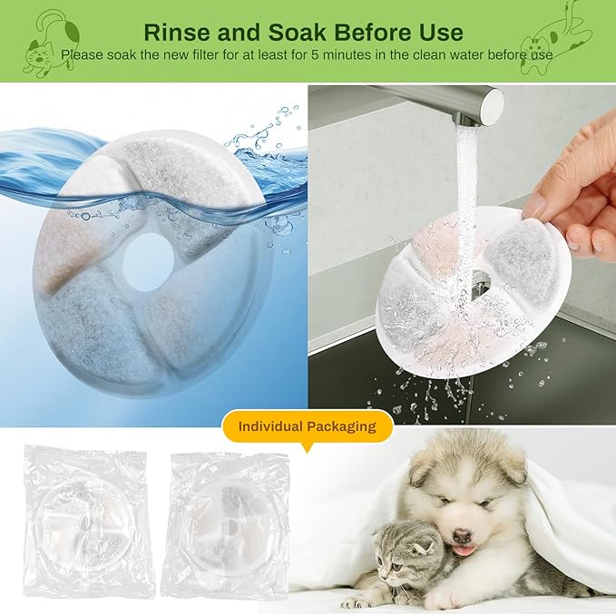 10 Pack Cat Fountain Filter Replacement for Square 2.2L/73oz Automatic Pet Water Fountain, Stainless Steel Cat Water Fountain Filters, Triple Filtration System, Activated Carbon Filters