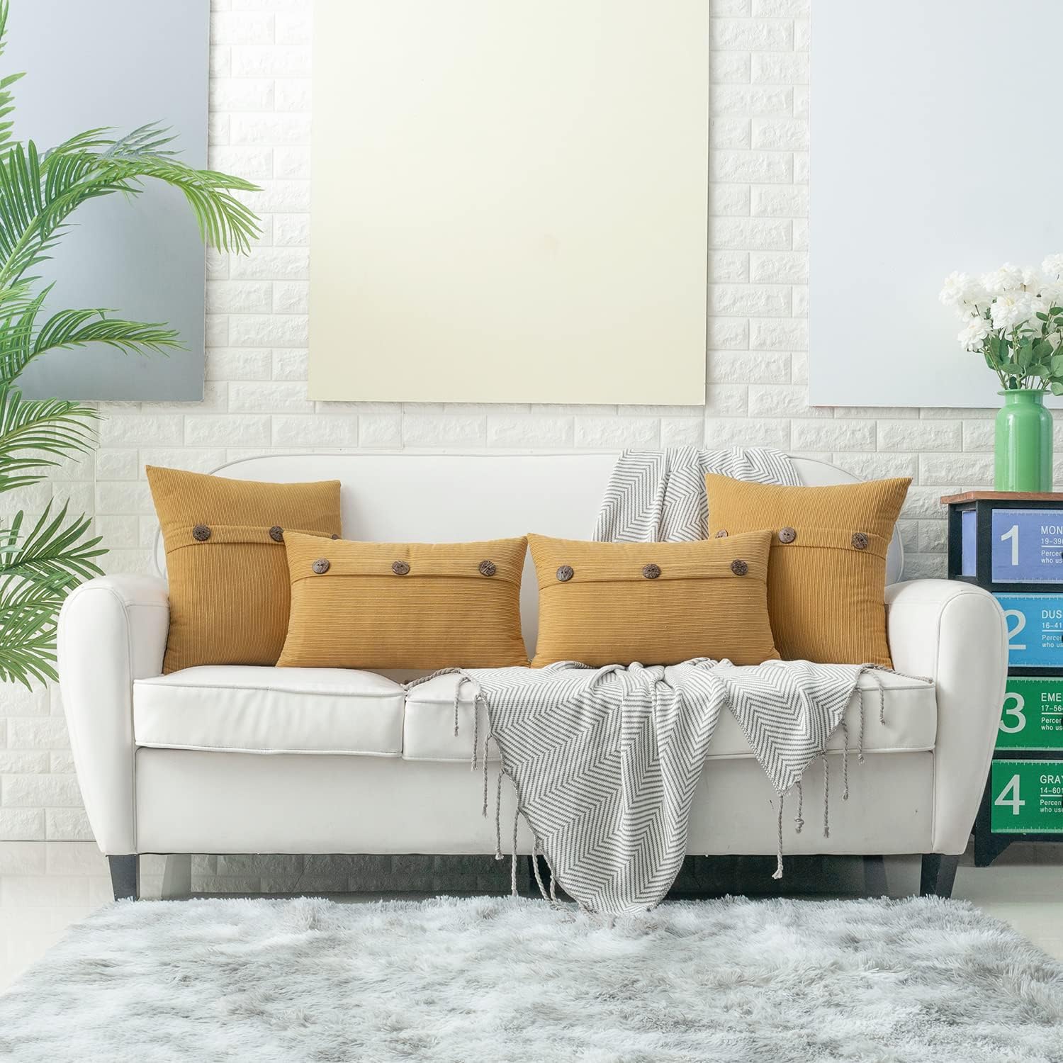 HWY 50 Mustard Yellow Chenille Throw Pillow Covers 16x16 Inch with Triple Buttons, Soft Farmhouse Accent Decorative Cushion Cases for Couch Sofa Bed Living Room Pack of 2