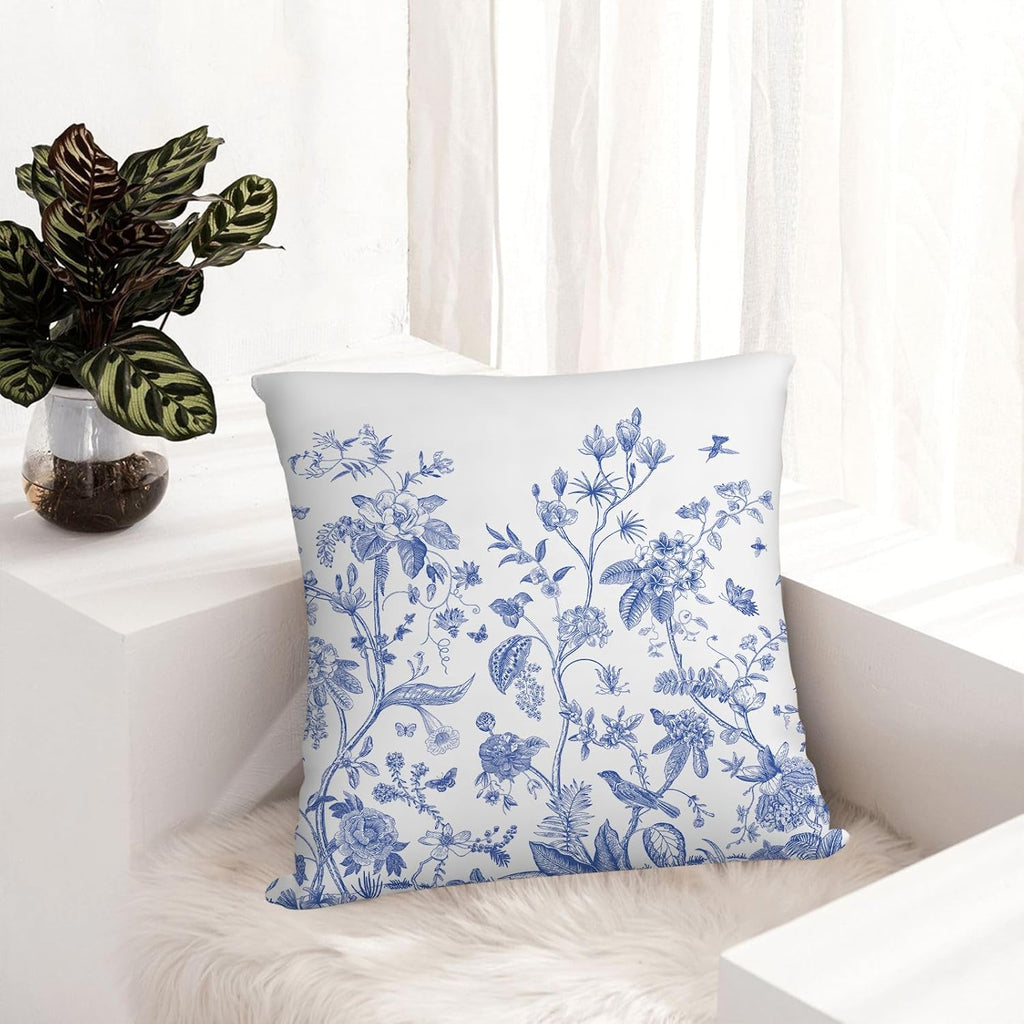 Blue Flower Decorative Pillow Covers 18x18 Inch Set of 2 Spring Floral Bird Throw Pillow Cases Chinoiserie Pillowcases for Couch Bed Sofa Cushion Living Room Chinoiserie Decor