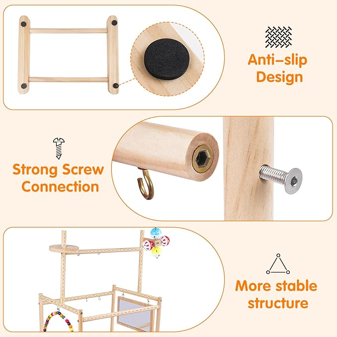 Bird Playground, Parrot Playground Parrot Perch Stand 3 Layer Bird Tree Stand with Feeder Cups, Ladder, Parakeet Mirror, Parakeet Toys and Removable Tray for Small to Medium Birds