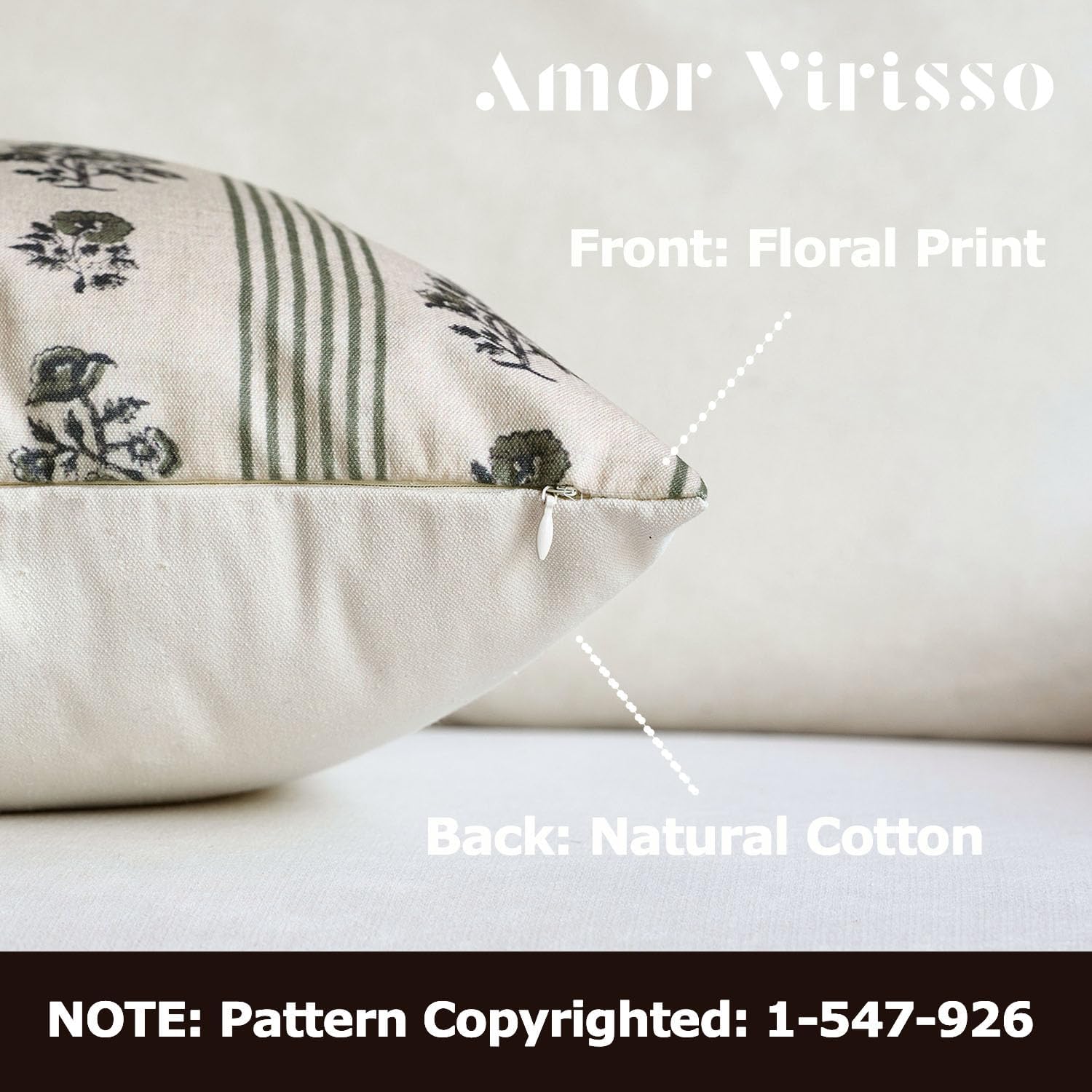 Amor Virisso Floral Throw Pillow Covers 22x22 Set of 2 Block Print Pillow Covers Neutral Floral Striped Farmhouse Decorative Pillow Covers for Sofa Couch Bed, Dusty Green