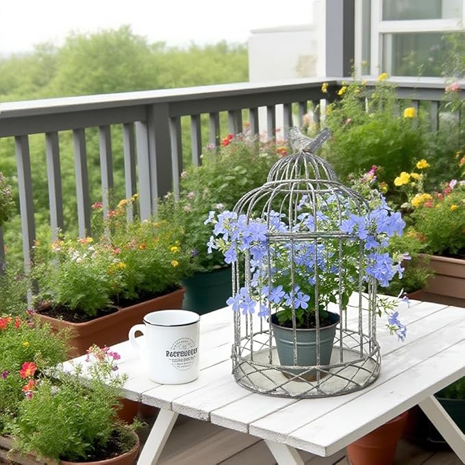 Rustic Vintage Birdcage Planter Holder Farmhouse Distressed Decor Metal Iron Round Plants Stand with Latch Lock Closure for Wedding Garden Patio Indoor Outdoor Home Table Centerpiece Decorations