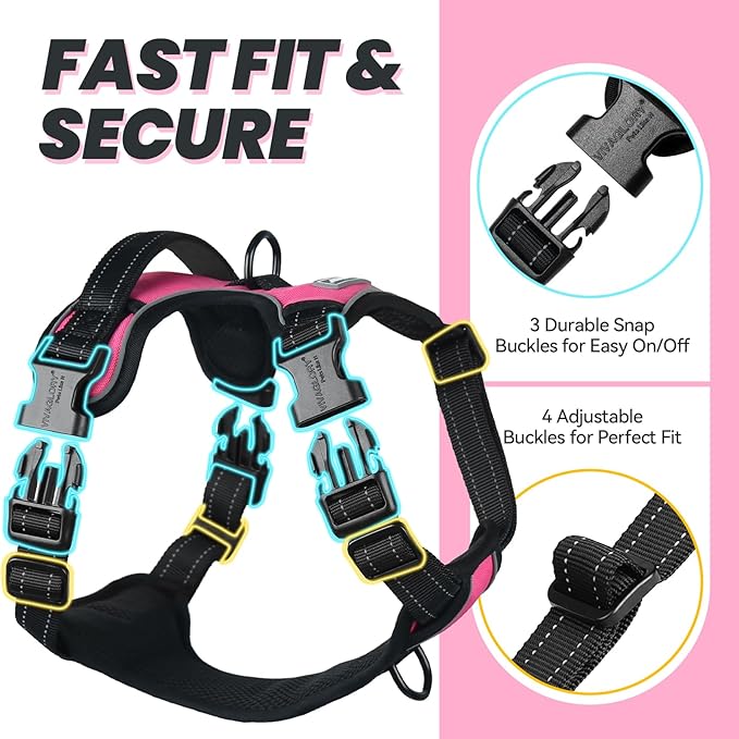 VIVAGLORY Dog Harness Easefit No Pull Dog Harness with Front Clip & Handle for Lifting Training, Adjustable Padded No-Pull Anti Pull Easy On for Puppy & Pet, L, Pink