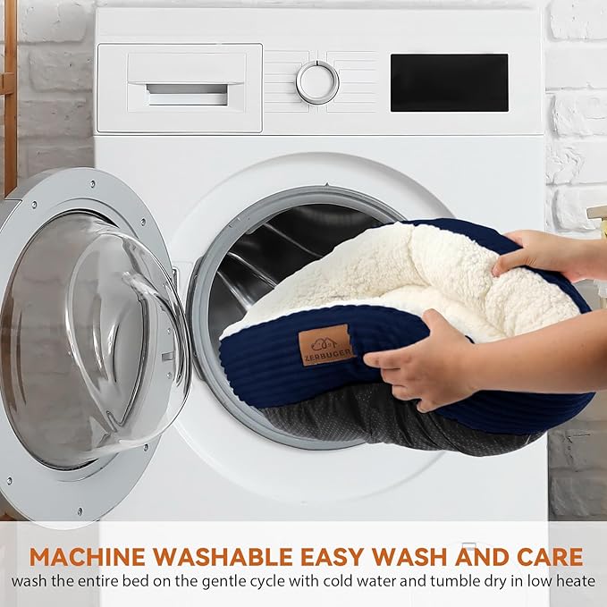 23in Round Cat Dog Bed for Large Medium Small Dogs Cats, Machine Washable Sleeping Sofa, Non-Slip Bottom Breathable Soft Calming Pet Cuddler for Indoor/Outdoor/Car/Cage, Navy Blue