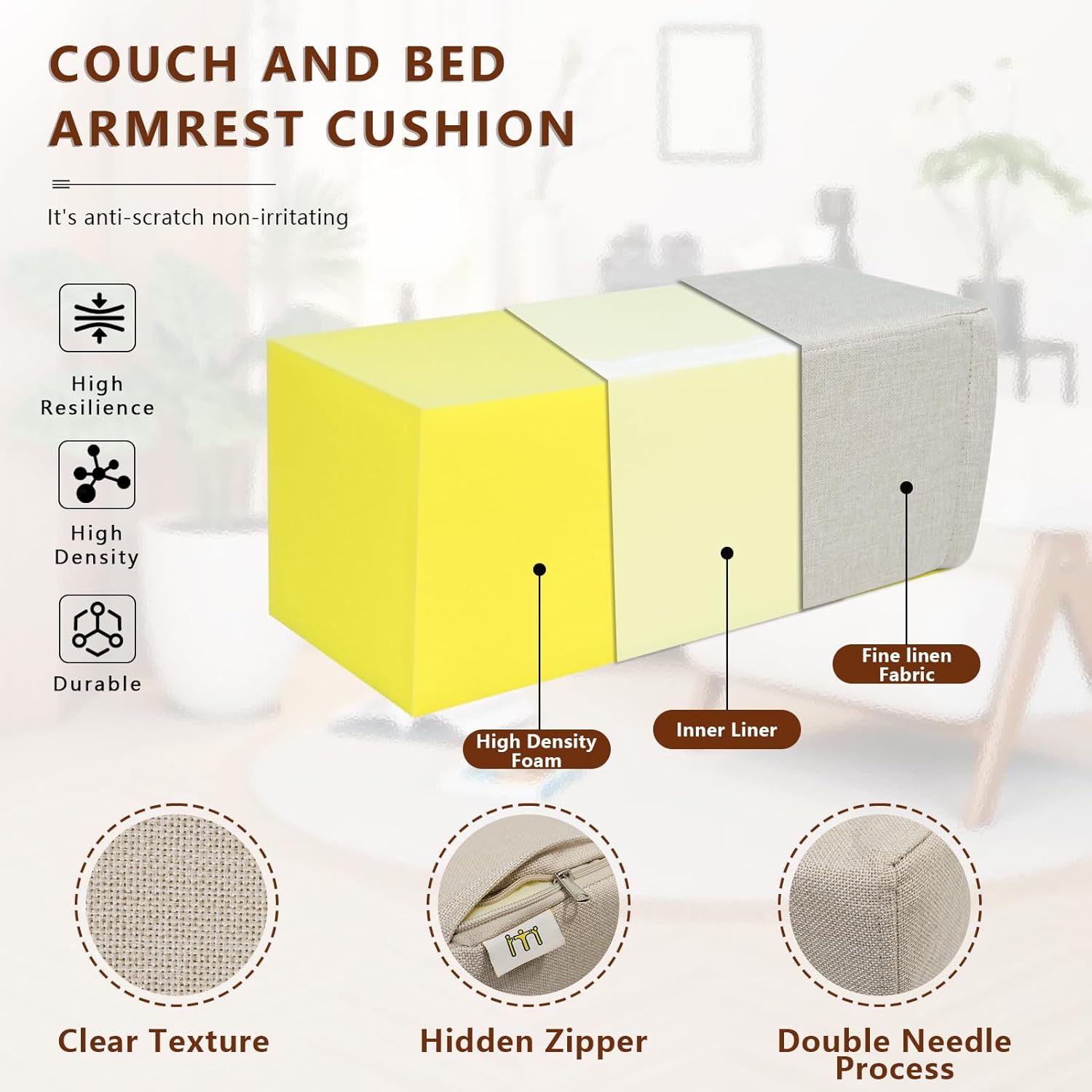 2 Pack Couch Arm Rest Pillow, 8''x8''x20'' Linen Cover, High Density Foam Armrest Cushion, Removable & Washable Elbow Support for Sofa, Bed, and Armchair (Beige)