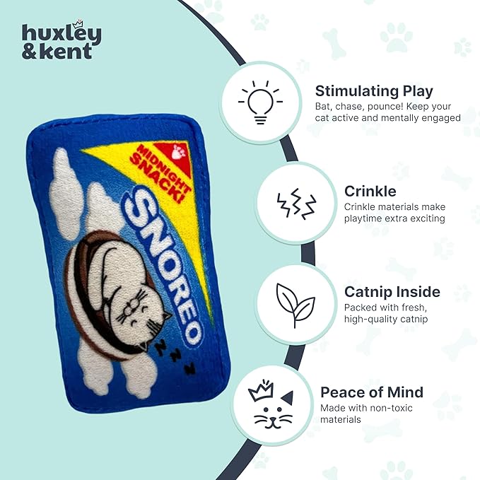 Huxley & Kent Plush Cat Toy - Interactive Catnip Toy for Cats & Kittens - Soft with Crinkle & Catnip - Fun Indoor Play - Snoreo Cookies