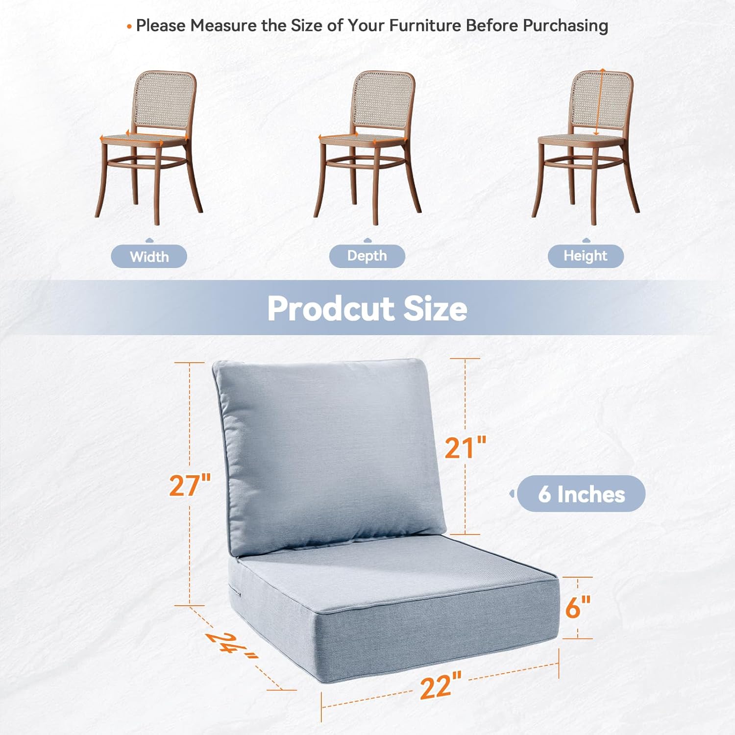 6" Thick Outdoor Cushions 22x24x6, 2-Set Deep Seat Patio Cushions with Removable Cover, Waterproof & Fade Resistant Replacement for Wicker Chair, Loveseat, Sofa - Baby Blue