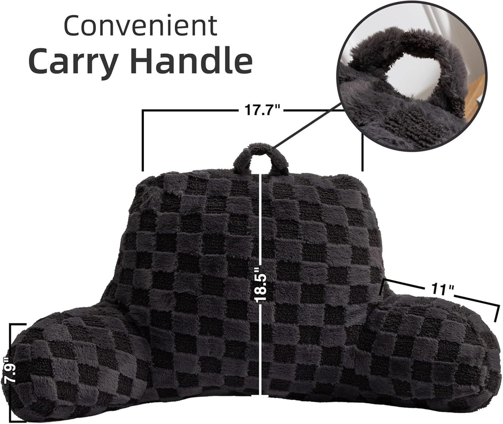 A Nice Night Faux Fur Reading Pillow,Checkered Fluffy Grid Plaid,Bed Wedge Pillow Large Adult Children Backrest with Arms for Bedrest,Darkgrey