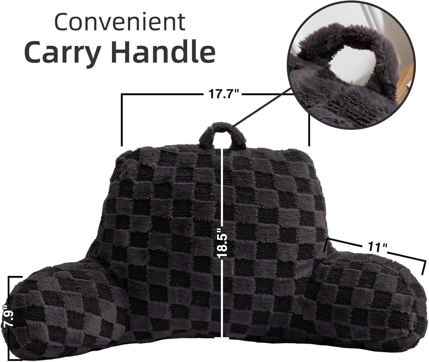 A Nice Night Faux Fur Reading Pillow,Checkered Fluffy Grid Plaid,Bed Wedge Pillow Large Adult Children Backrest with Arms for Bedrest,Darkgrey