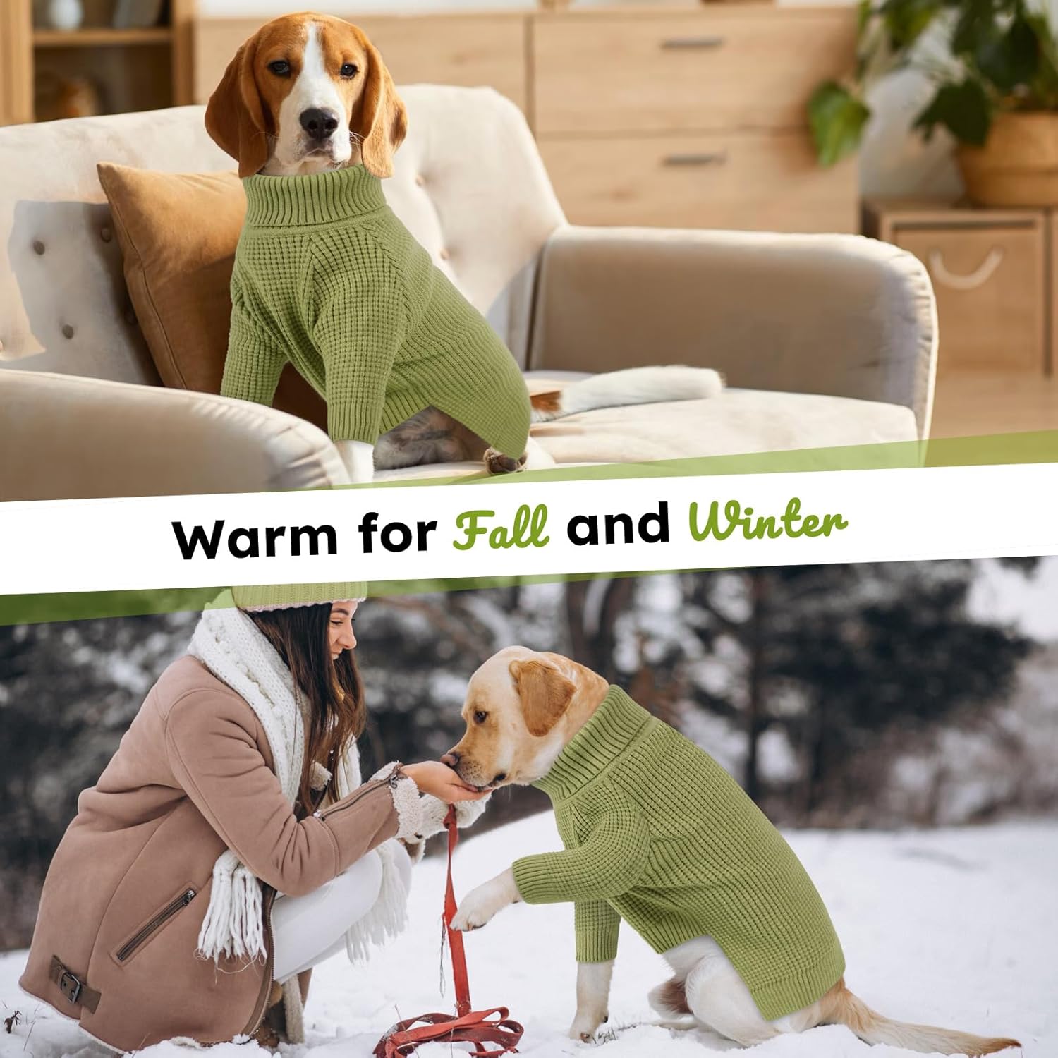 Queenmore Large Dog Sweater, Turtleneck Dog Sweater with Check Pattern, Fall Winter Warm Dogs Sweater for Large Breeds, Solid Pull-on Pet Sweater for Cats, Green XXL
