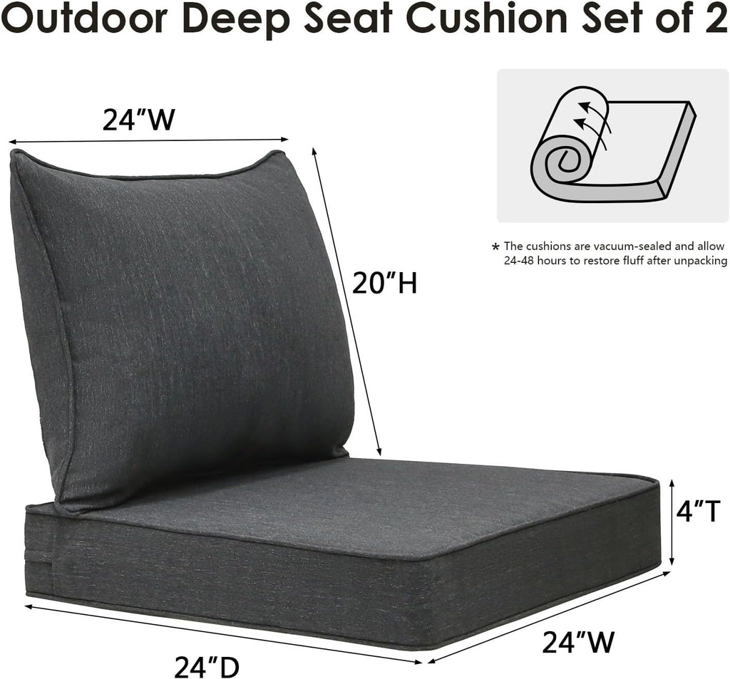 Outdoor Patio Chair Cushions Set, 24" x 24", Set of 2, Water-Repellent, Fade Resistant, Deep Seat Bottom and Back Cushion for Backyard, Couch, Sofa and Patio Furniture, Charcoal