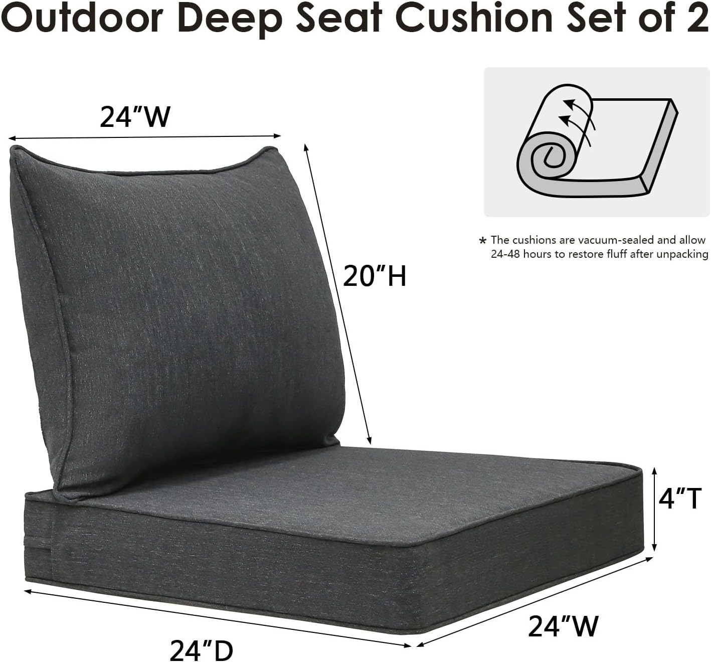 Outdoor Patio Chair Cushions Set, 24" x 24", Set of 2, Water-Repellent, Fade Resistant, Deep Seat Bottom and Back Cushion for Backyard, Couch, Sofa and Patio Furniture, Charcoal