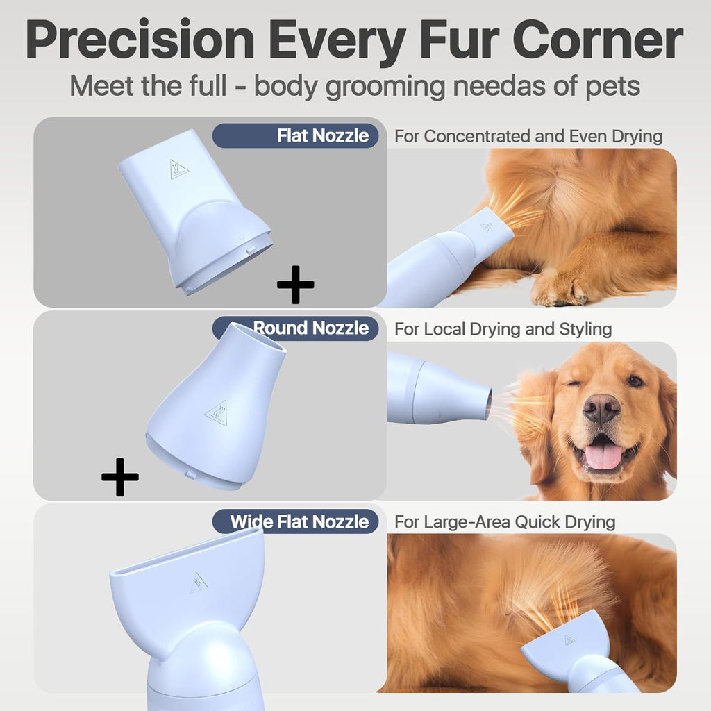 Dog Blow Dryer for Pet Grooming Handheld Lightweight Dog Cat Hair Dryer 3 Speeds 4 Temp, Portable 3HP High Velocity Pet Blower Quiet Dryer for Travel Campaign Home, with 3 Nozzles, Blue