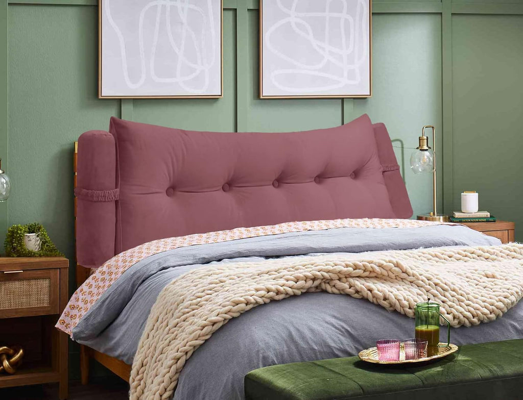 Triangular Reading Bed Rest Pillow Large Bolster Cushion Headboard Backrest Wedge Pillow with Two Detachable Roll Pillows for Neck & Lumbar Support (Pink, Queen: 59 x 8 x 20 inches)