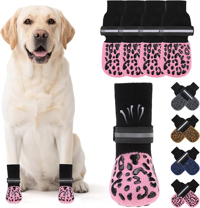 KOOLTAIL Anti Slip Dog Socks to Prevent Licking Paws,Dog Shoes for Hot Pavement, Reflective Traction Control Grip Booties, Dogs Boots & Paw Protector for Hardwood Floors Small Medium Large Senior Dogs