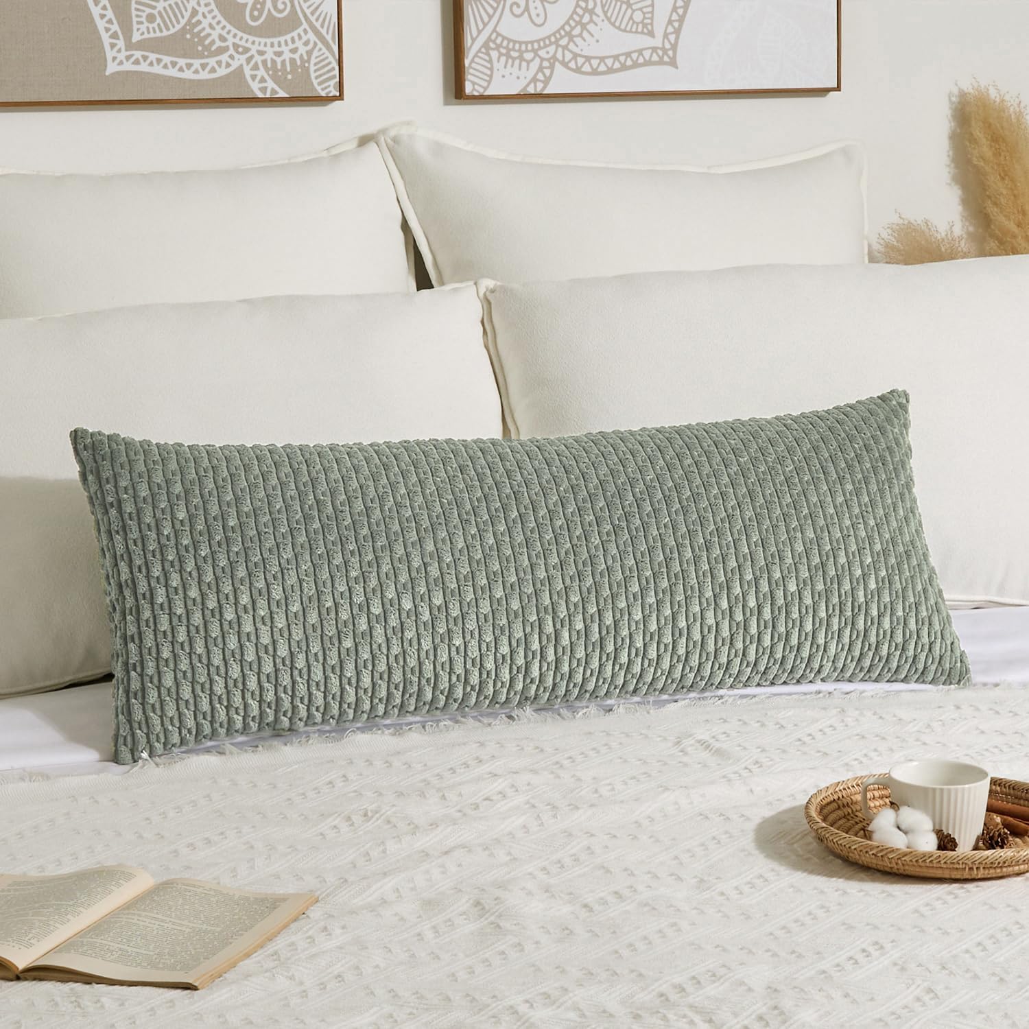 Kevin Textile 20x54 Inch Long Body Lumbar 1 Pack Boho Decorative Throw Pillow Cover Soft Striped Corduroy Rectangle Cushion Case Farmhouse Accent for Living Room Couch Sofa Bed, Greyish Green