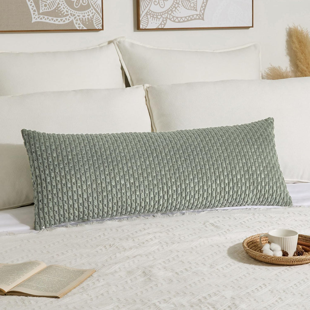 Kevin Textile 14x36 Inch Long Lumbar 1 Pack Boho Decorative Throw Pillow Cover Soft Striped Corduroy Rectangle Cushion Case Farmhouse Solid Color Accent for Living Room Couch Sofa Bed, Greyish Green