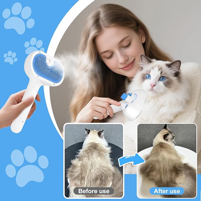 Pet Steam Brush for Dog & Cat - 3-in-1 Steam Grooming Brush for Shedding & Hair Removal - Self Cleaning Spray Comb with Mist for Long Haired Pets, Blue