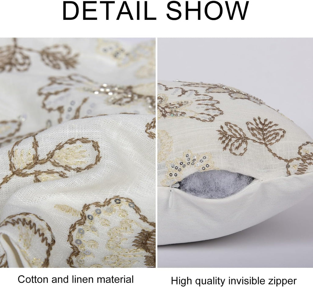 Floral Embroidered Lumbar Throw Pillow Cover 12x 20, Sequin Chinoiserie Flower Neutral Linen Pillow Cushion Cases, Farmhouse Decorative Pillows for Bed, Outdoor Couch White