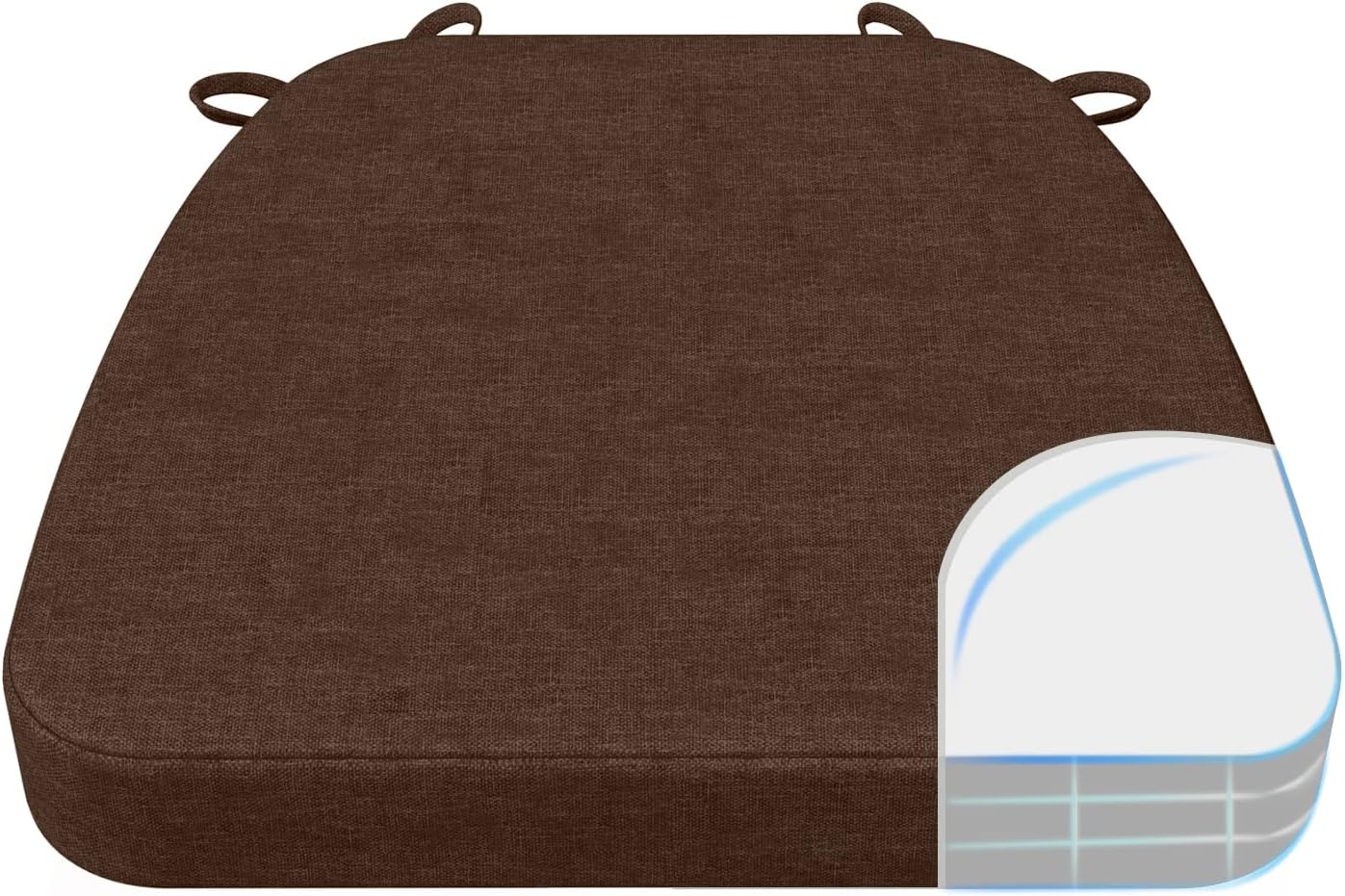 AAAAAcessories D-Shaped Chair Cushions, 2" Thick Dining Chair Pads with Ties and Removable, Machine-Washable Cover, 17" x 16", Brown