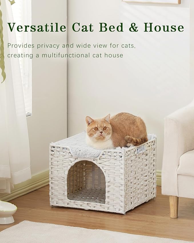 Cat Beds Indoor Kitten House, Handwoven Rattan Cat Cave Pet Cube, Large Cat Houses, One Bed Mat, Foldable, Hideaway, 16.5x16.5x13.2 Inches, 2 S-Shaped Hooks in Living Room Bedroom White
