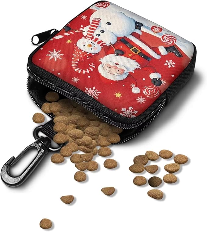KEIAHUAN Christmas Dog Treat Pouches Small Portable Training Walking Treat Bag for Puppies with Clasp Reusable Pet Treat Container Coin Purse with Zipper Closure, Santa Claus Snowman