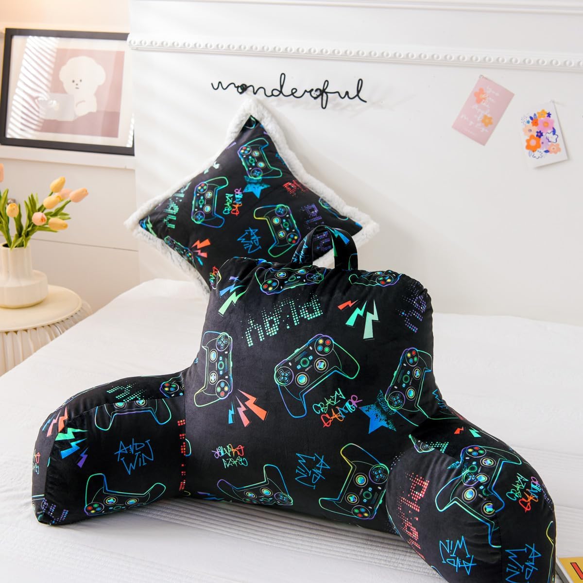 NTBED Video Game Controller Printed Reading Pillow Bed Wedge Backrest with Arms, Couch TV Relax Bed Rest Pillow Back Support Cushion for Kids Teens Boys Girls,Multi Game