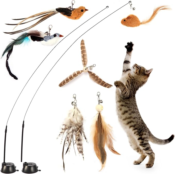 Interactive Bird Simulation Cat Toy Set,Cat Wand Toys,Wand Self-Holding Suction Cups Base,Include Detachable 6 Pcs Replacements Feathers Toys