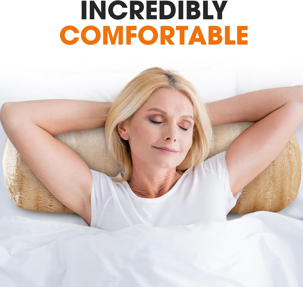 Cheer Collection Faux Fur Bolster Pillows – Soft Decorative Cylinder Pillows for Bed or Couch, Machine Washable – 8” x 24”, Set of 2, Sand