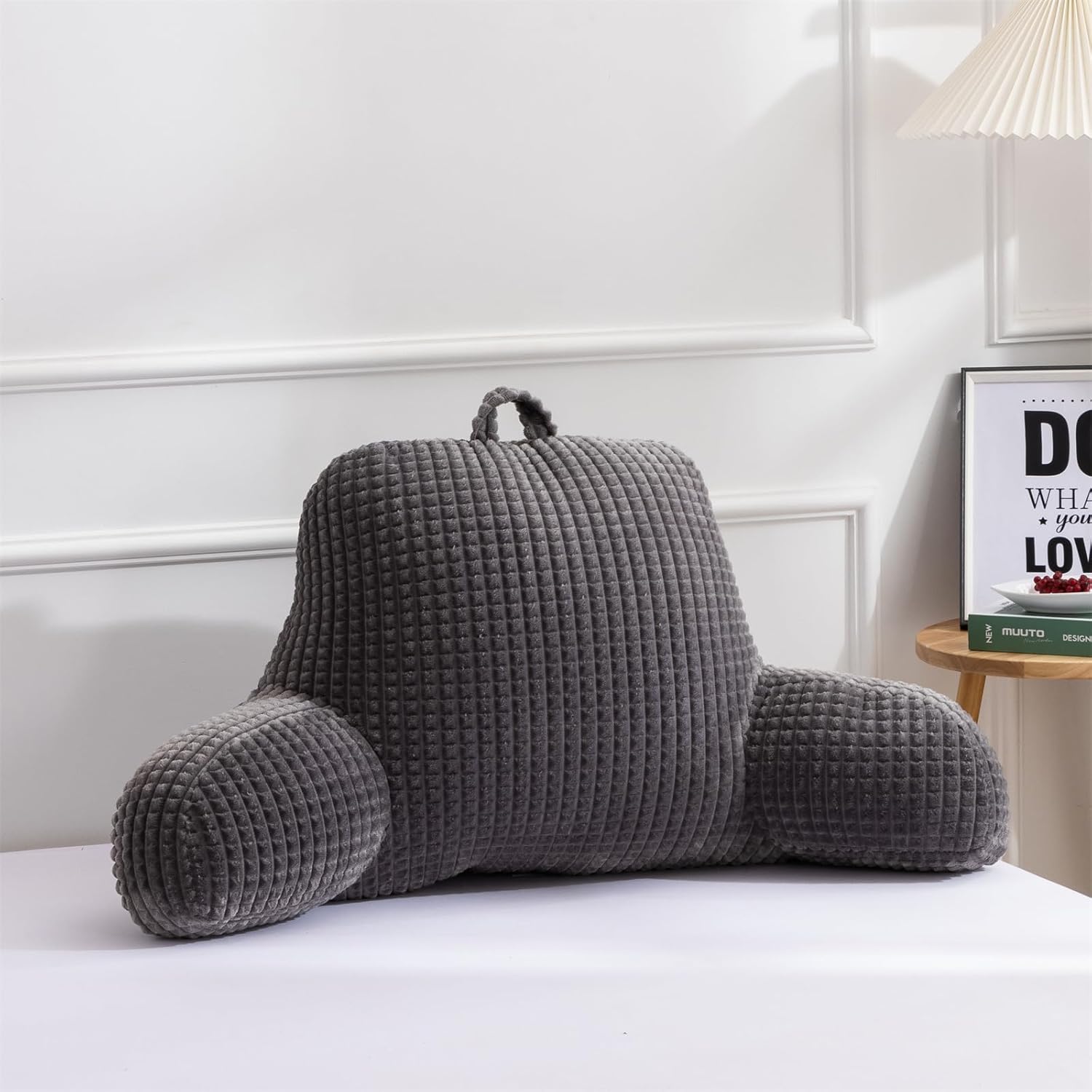 Holawakaka Reading Pillow for Bed and Sofa Couch Sitting Up, Backrest Pillows with Arms for Kids Teens Adults, Back Support Cushion for Lounging, Watching TV, Working on Laptop, Dark Grey