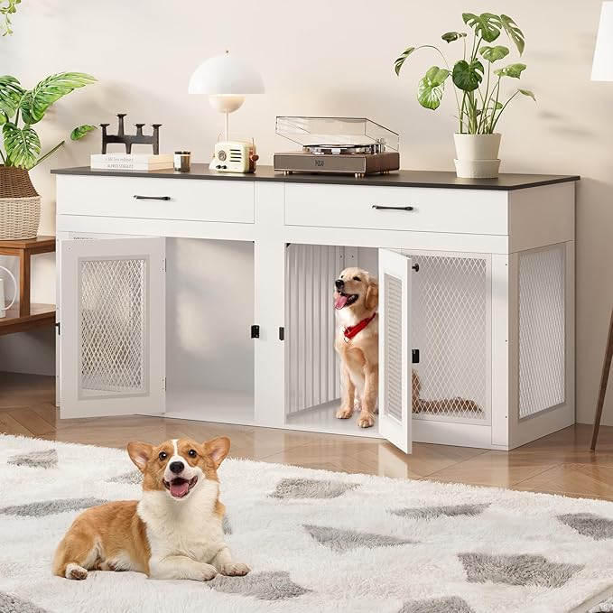 71 Inch Dog Crate Furniture for 2 Dogs，XXL Thick Wooden Double Kennel TV Stand w/Removable Divider - Heavy Duty Indoor Cage for Large Breeds (White & Black Top, 71L* 23.6W* 33.5" H)