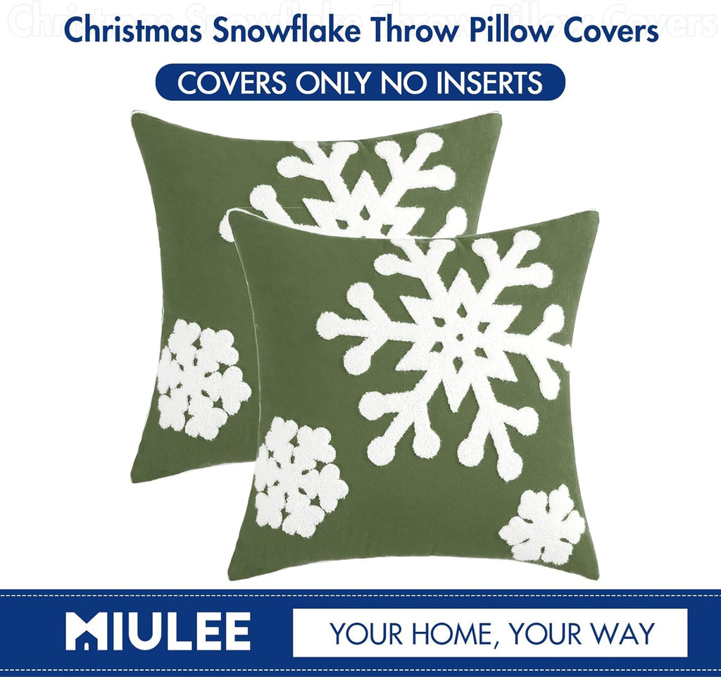 MIULEE Pack of 2 Christmas Decorative Snowflake Throw Pillow Covers Canvas Embroidery Winter Cushion Cases Holiday Decor Soft Pillowcases for Winter Couch Sofa Bedroom Car（Army Green, 18x18in）