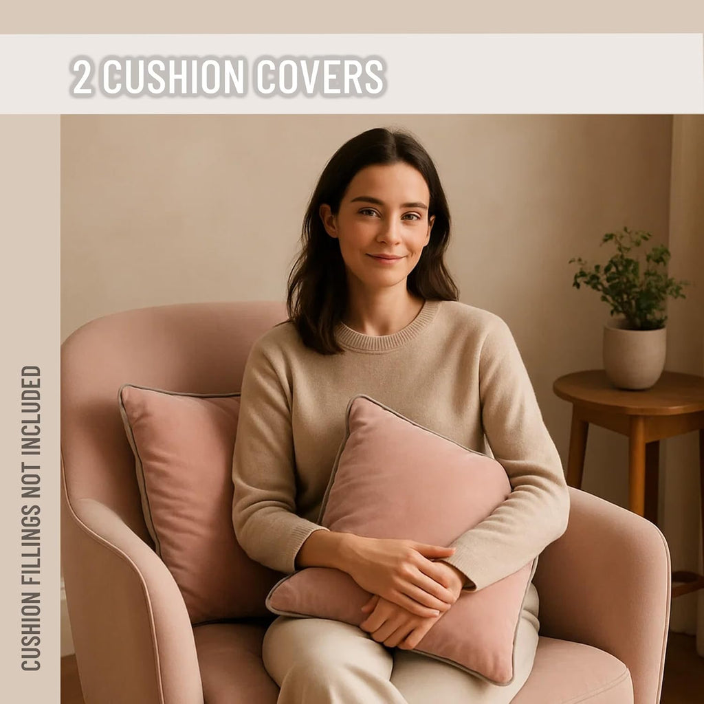 2 Pack Velvet Decorative Throw Pillow Covers, 20"x20", Pink and Grey, Solid, Modern, Contrast Piping, Indoor Use, Bedroom & Living Room