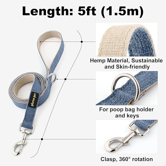 Plutus Pet Cotton Hemp Dog Collar and Leash Set, Adjustable Collar for Small, Medium, and Large Dogs, Heavy Duty and Soft on Skin, Haze Blue, XS